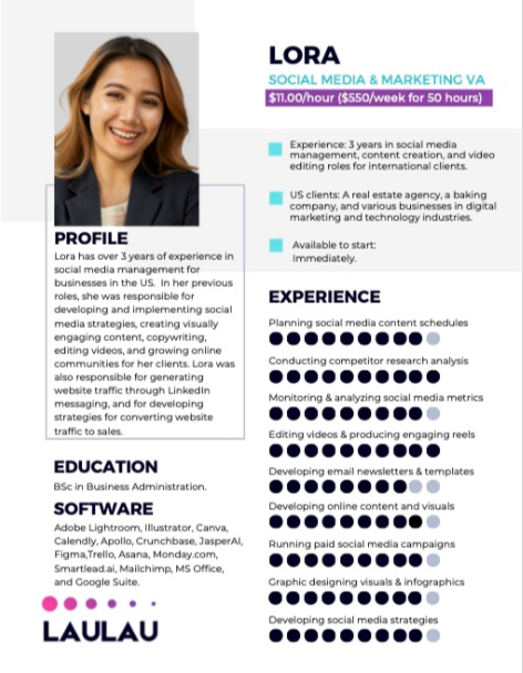 Lora, Social Media & Marketing VA with 3 years of experience