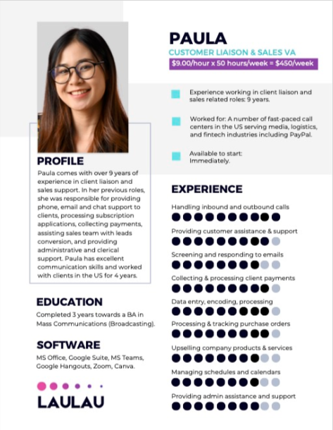 Paula, Customer Liaison & Sales VA with 9 years of experience