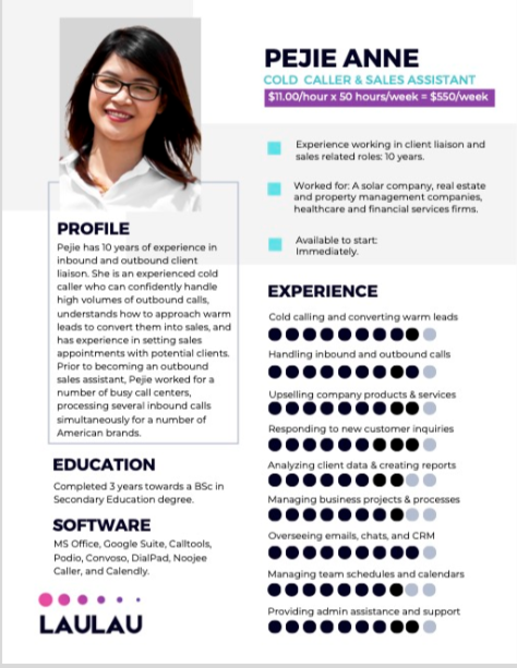 Pejie Anne, Cold Caller & Sales Assistant with 10 years of experience